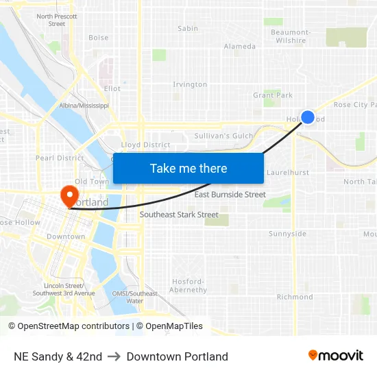 NE Sandy & 42nd to Downtown Portland map