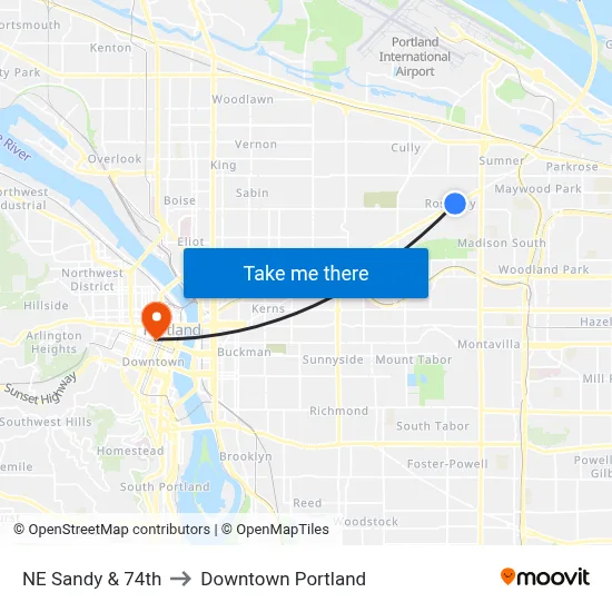NE Sandy & 74th to Downtown Portland map