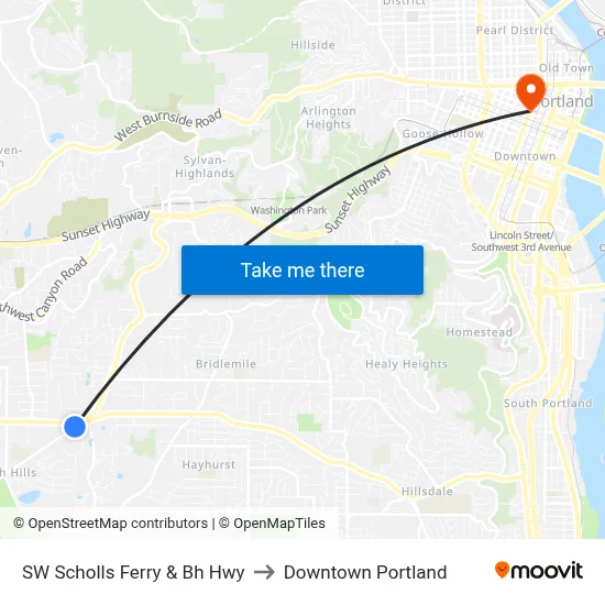 SW Scholls Ferry & Bh Hwy to Downtown Portland map