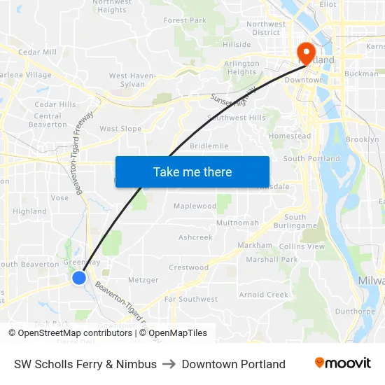 SW Scholls Ferry & Nimbus to Downtown Portland map