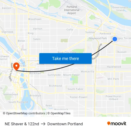 NE Shaver & 122nd to Downtown Portland map