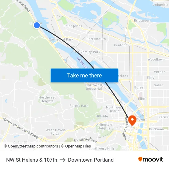 NW St Helens & 107th to Downtown Portland map