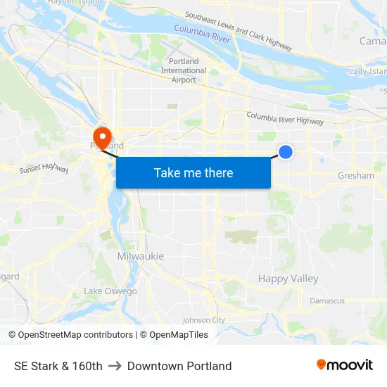 SE Stark & 160th to Downtown Portland map