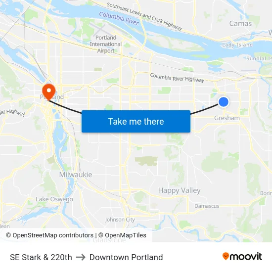 SE Stark & 220th to Downtown Portland map