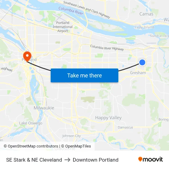 SE Stark & NE Cleveland to Downtown Portland map
