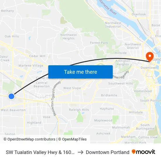 SW Tualatin Valley Hwy & 160th to Downtown Portland map