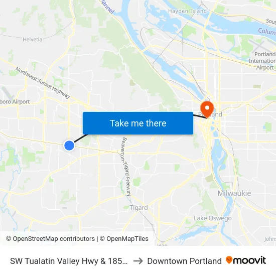 SW Tualatin Valley Hwy & 185th to Downtown Portland map