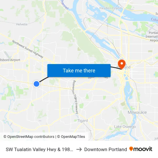 SW Tualatin Valley Hwy & 198th to Downtown Portland map