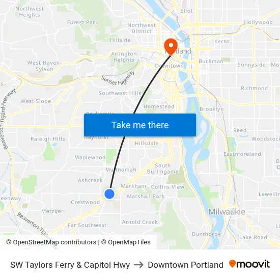 SW Taylors Ferry & Capitol Hwy to Downtown Portland map