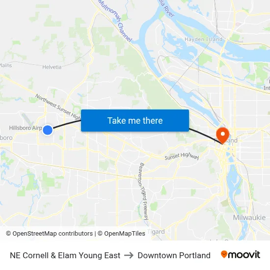 NE Cornell & Elam Young East to Downtown Portland map