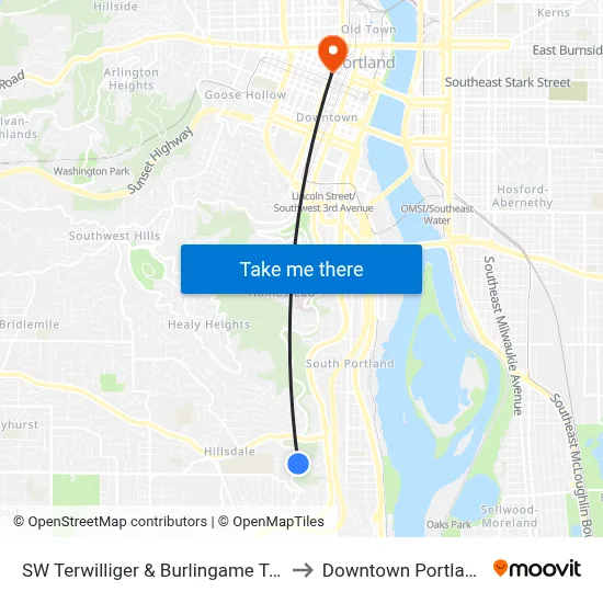 SW Terwilliger & Burlingame Ter to Downtown Portland map