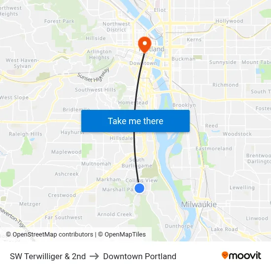 SW Terwilliger & 2nd to Downtown Portland map