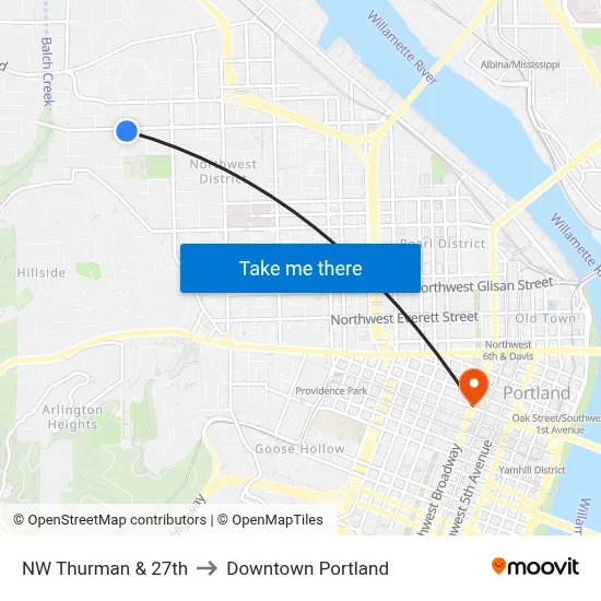NW Thurman & 27th to Downtown Portland map