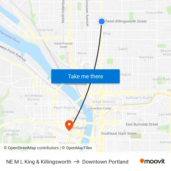 NE M L King & Killingsworth to Downtown Portland map