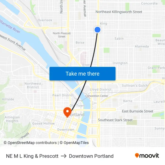 NE M L King & Prescott to Downtown Portland map