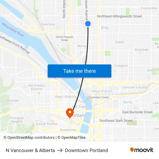 N Vancouver & Alberta to Downtown Portland map