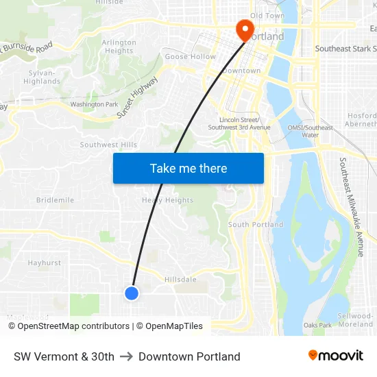 SW Vermont & 30th to Downtown Portland map