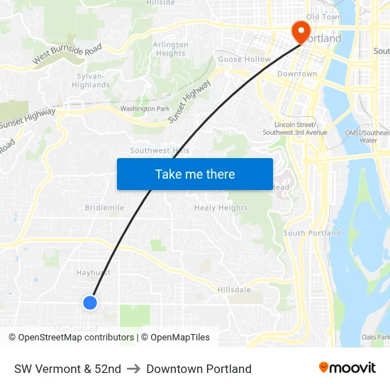 SW Vermont & 52nd to Downtown Portland map