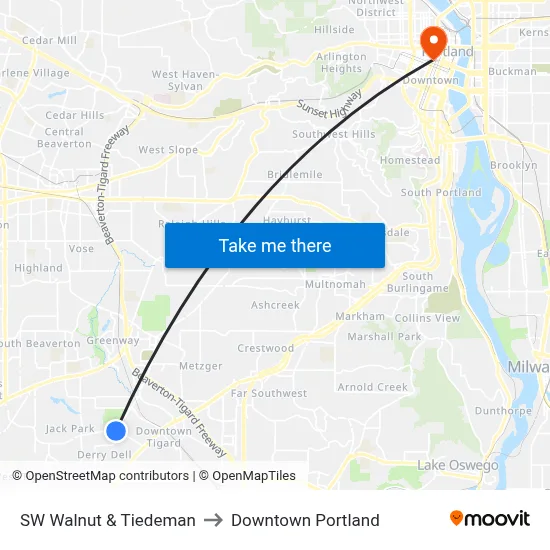 SW Walnut & Tiedeman to Downtown Portland map
