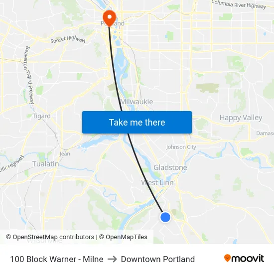 100 Block Warner - Milne to Downtown Portland map