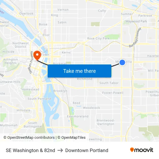 SE Washington & 82nd to Downtown Portland map