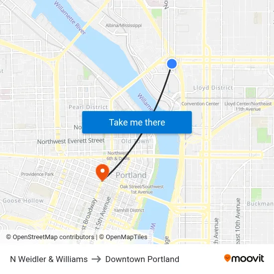 N Weidler & Williams to Downtown Portland map