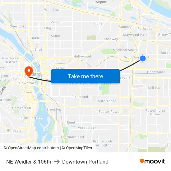 NE Weidler & 106th to Downtown Portland map