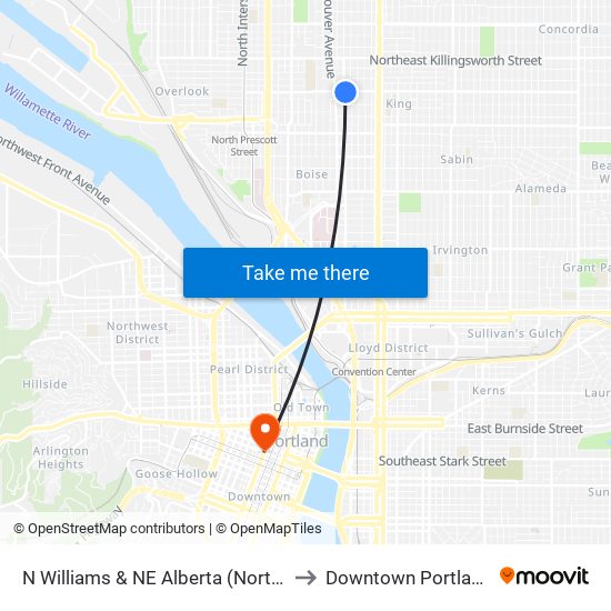 N Williams & NE Alberta (North) to Downtown Portland map