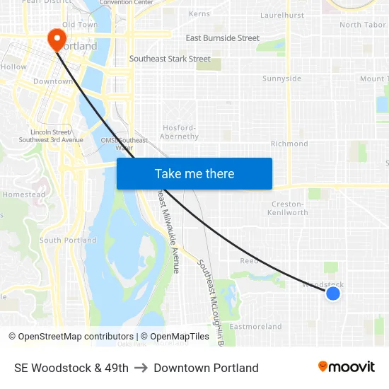 SE Woodstock & 49th to Downtown Portland map