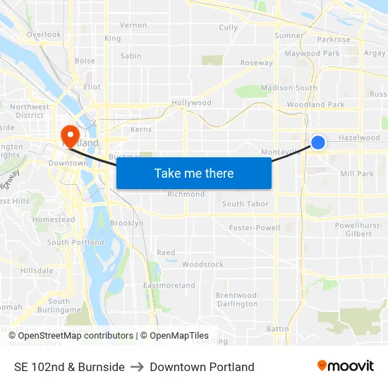 SE 102nd & Burnside to Downtown Portland map