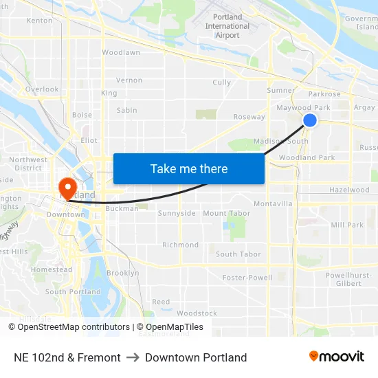 NE 102nd & Fremont to Downtown Portland map