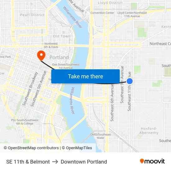 SE 11th & Belmont to Downtown Portland map