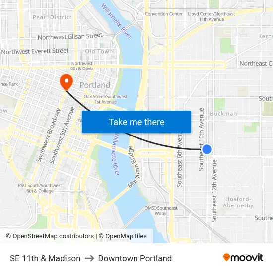 SE 11th & Madison to Downtown Portland map