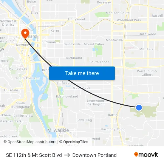 SE 112th & Mt Scott Blvd to Downtown Portland map