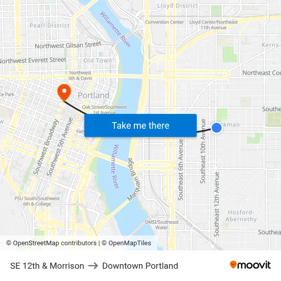 SE 12th & Morrison to Downtown Portland map
