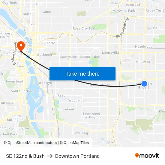 SE 122nd & Bush to Downtown Portland map