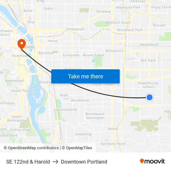 SE 122nd & Harold to Downtown Portland map