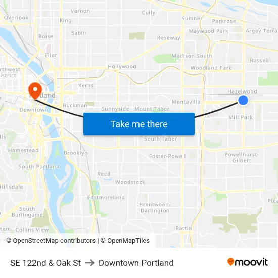 SE 122nd & Oak St to Downtown Portland map
