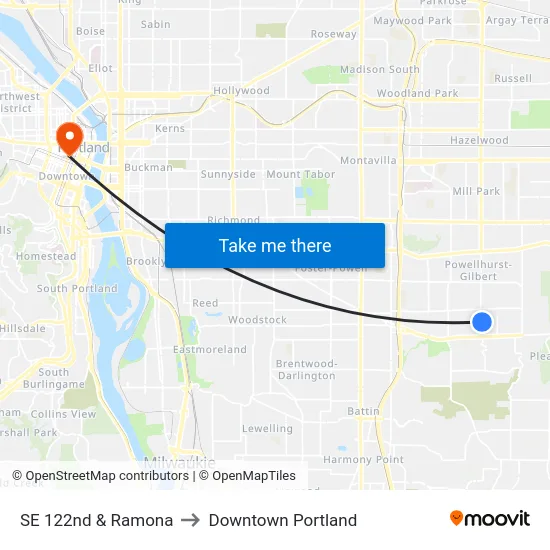 SE 122nd & Ramona to Downtown Portland map