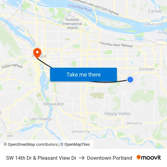 SW 14th Dr & Pleasant View Dr to Downtown Portland map