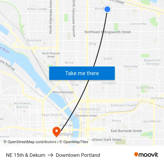 NE 15th & Dekum to Downtown Portland map
