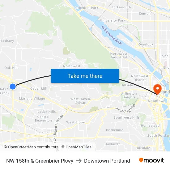 NW 158th & Greenbrier Pkwy to Downtown Portland map