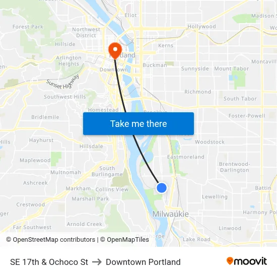 SE 17th & Ochoco St to Downtown Portland map