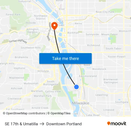 SE 17th & Umatilla to Downtown Portland map