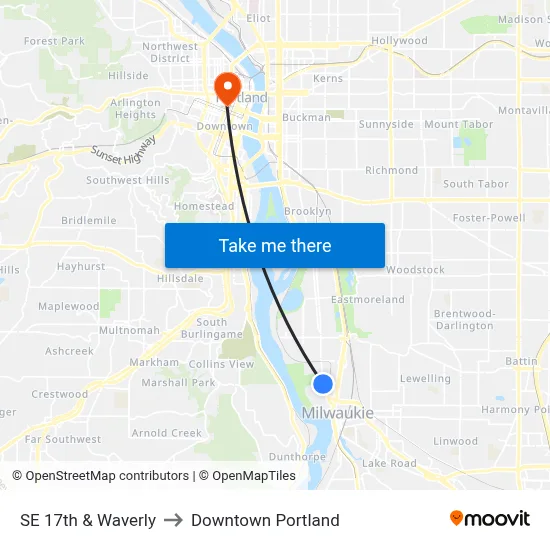 SE 17th & Waverly to Downtown Portland map