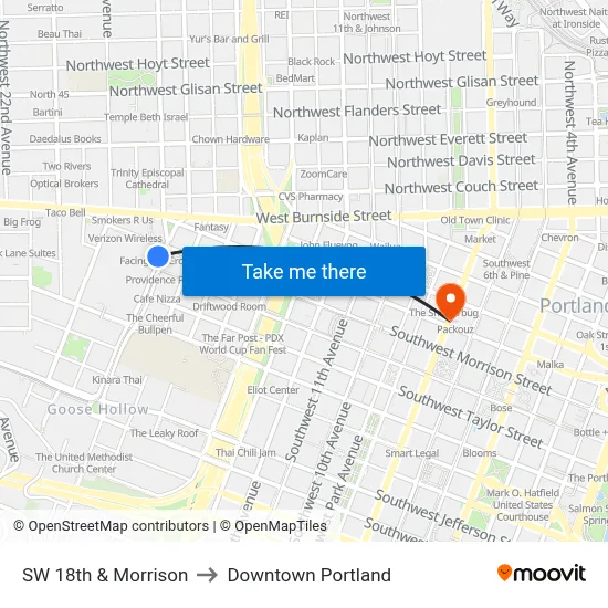 SW 18th & Morrison to Downtown Portland map