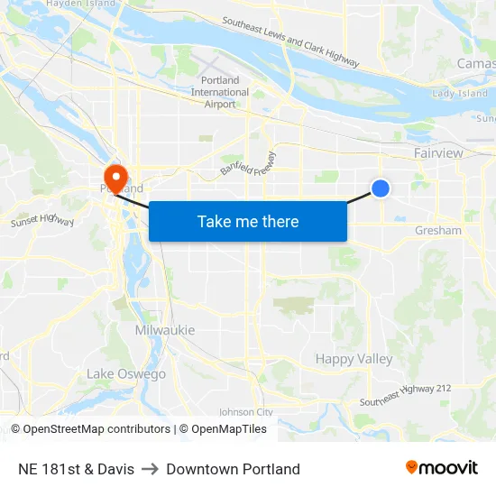 NE 181st & Davis to Downtown Portland map