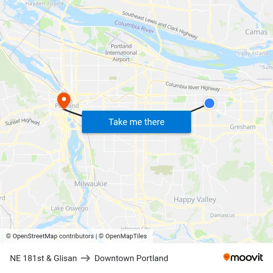 NE 181st & Glisan to Downtown Portland map