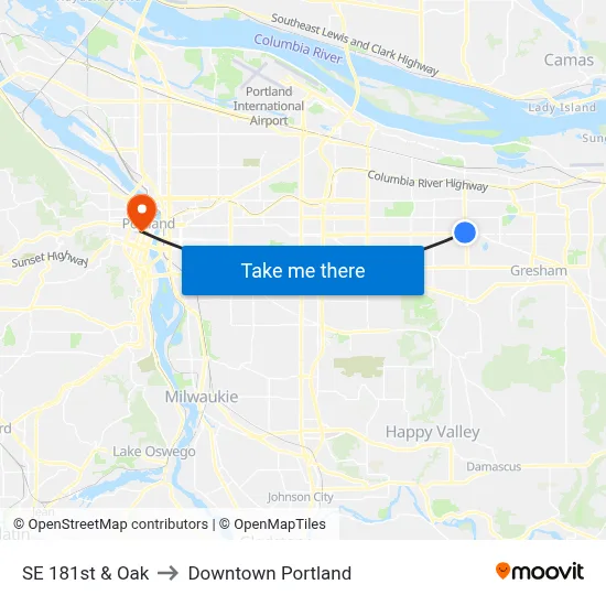 SE 181st & Oak to Downtown Portland map