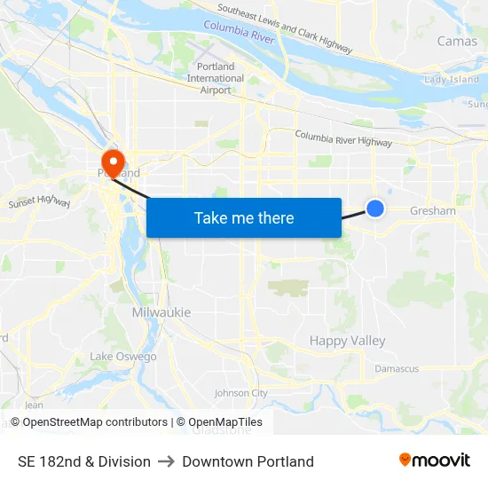 SE 182nd & Division to Downtown Portland map
